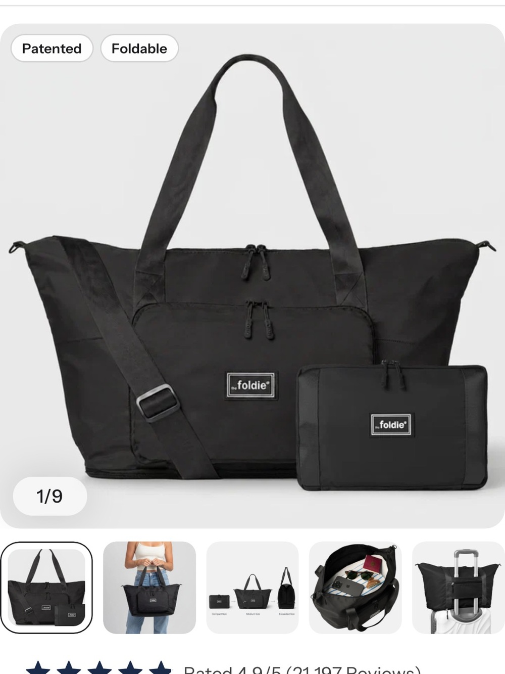 Foldie Black Foldable Travel Tote Bag with Detachable Shoulder Strap